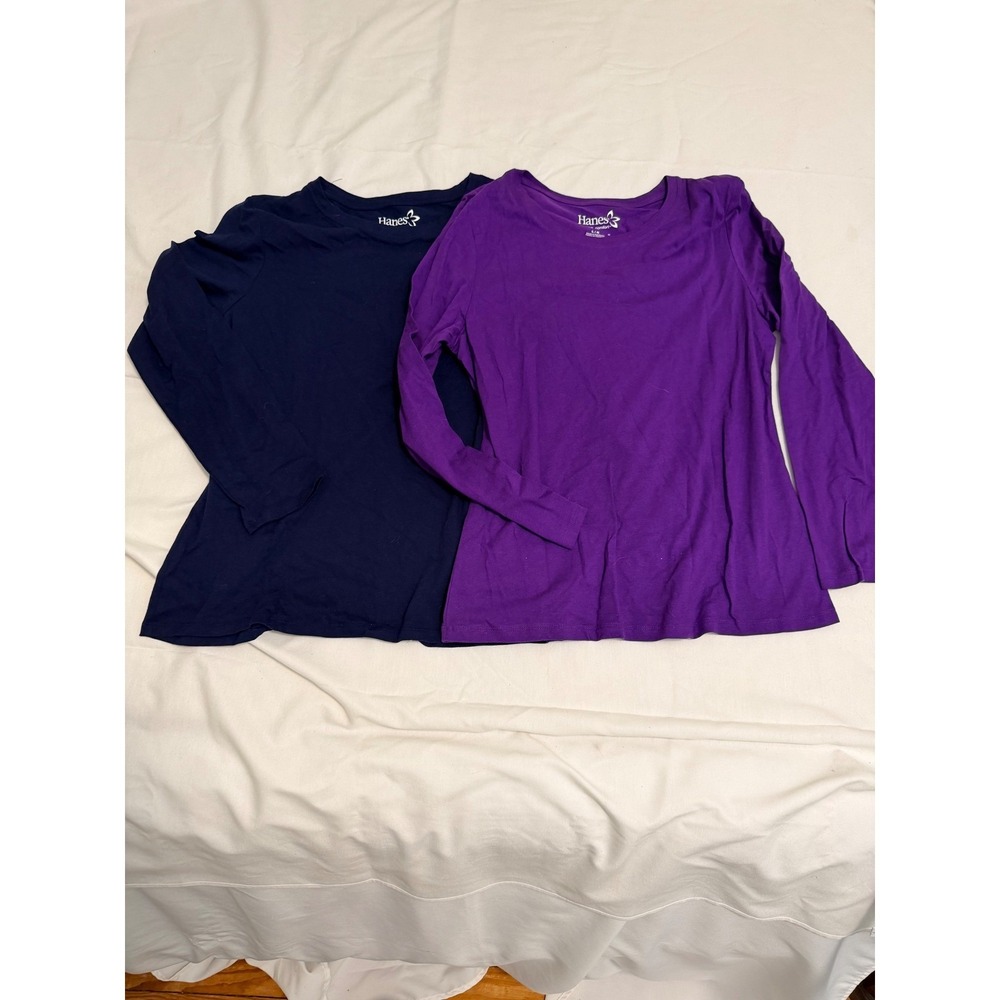 2 Hanes Live Love Comfort Women Long Sleeve Cotton Tee 2 Pack Navy Purple Large